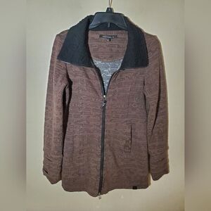 Tonia Debellis Brown Zip Up Sweater Jacket Black Collar Size S
